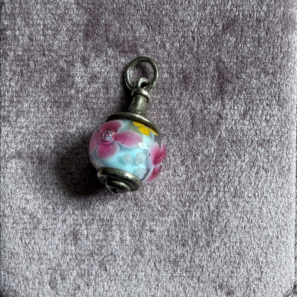 Blue Glass Floral Pendant Necklace Charm with Pink Accents